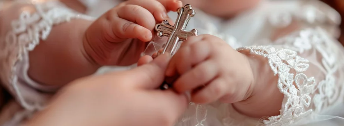 Baby dressed in lace showing fingers clasped around a cross.