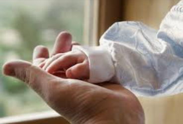 Baby's hand resting in the palm of an adult