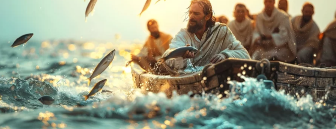 fish jumping into a boat with Jesus and the Apostles