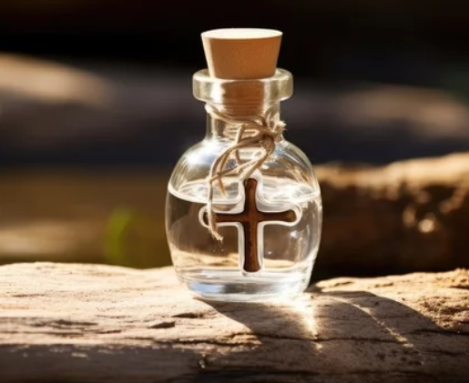 Glass bottle with a cork on top and a cross emblazoned on the outside containing oil.