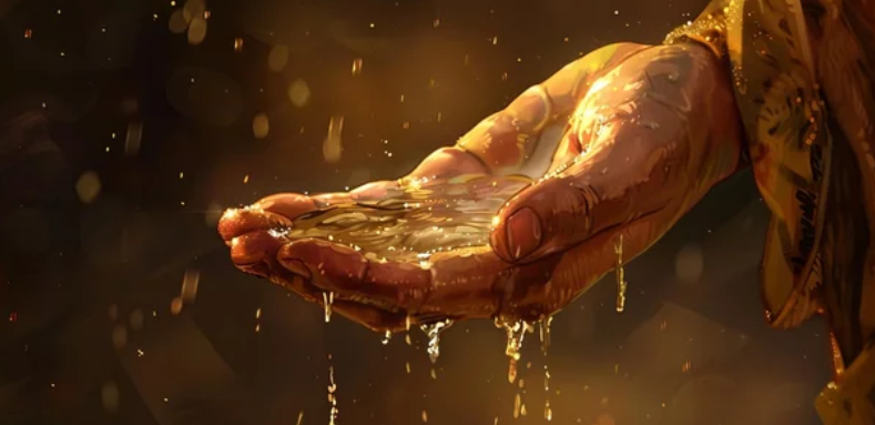 Hand upturned with water in the hand and dripping down from it.