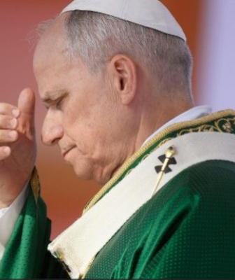 side view of Holy Pope Leo XIV putting his hand toward his forehead at mass in St Peters basilica