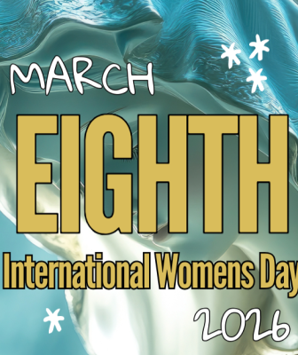 March 8th international womens day with virgin mother image to the right hand side on different shades of blue background and beams of light around her