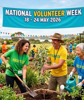 National Volunteers Week 18 to 24 May 2026 people in olourful shirts working together outside during the day gardening