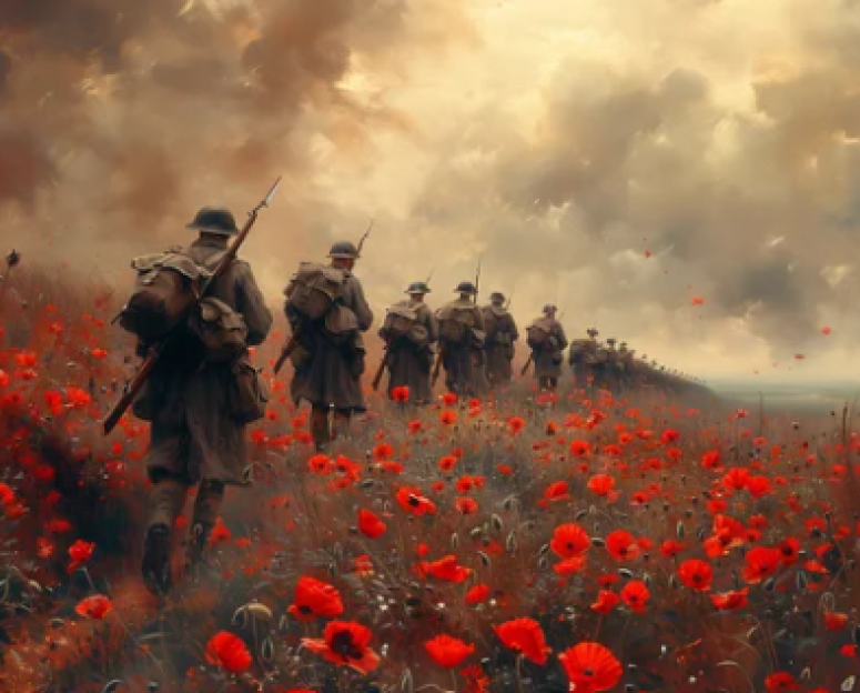 ANZAC Day  image of soldierS silhouette in a field of red poppies on a cloud day
